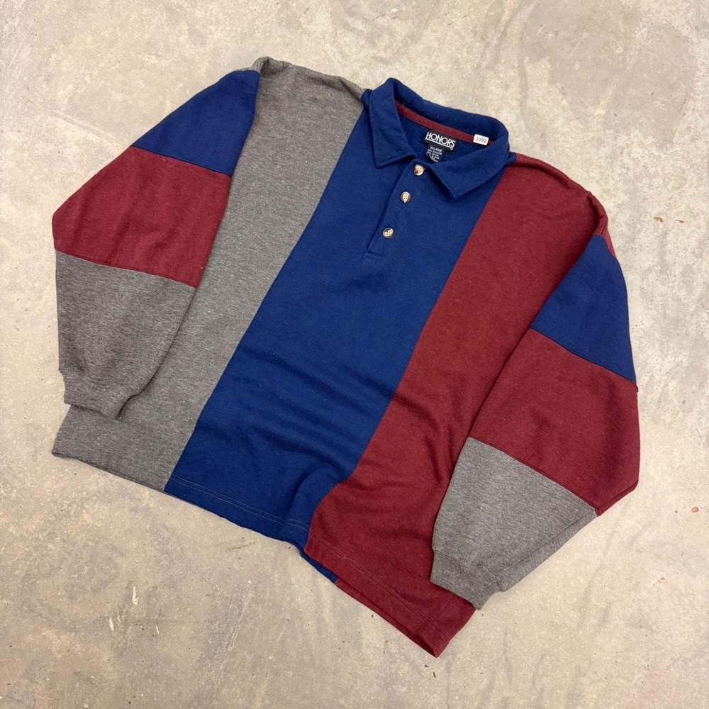 90s Mens Honors Colorblock Long Sleeve Polo Sweatshirt Retro Streetwear XXL